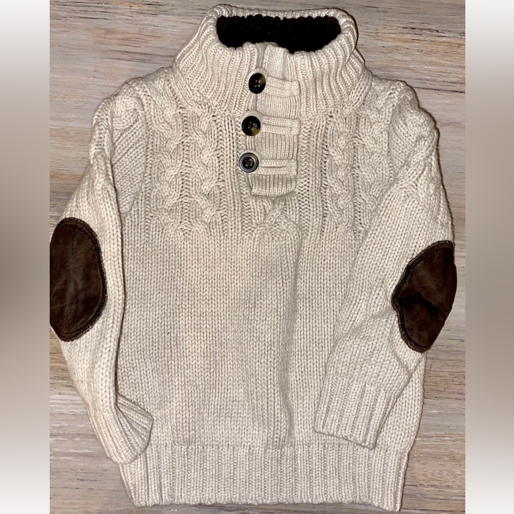 Off White Sweater With Brown Leather Elbow Patches